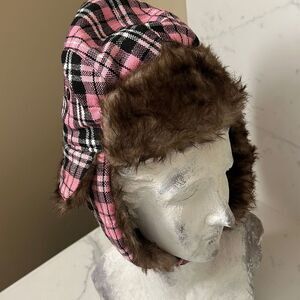 Pink Plaid Faux Fur Winter Hat